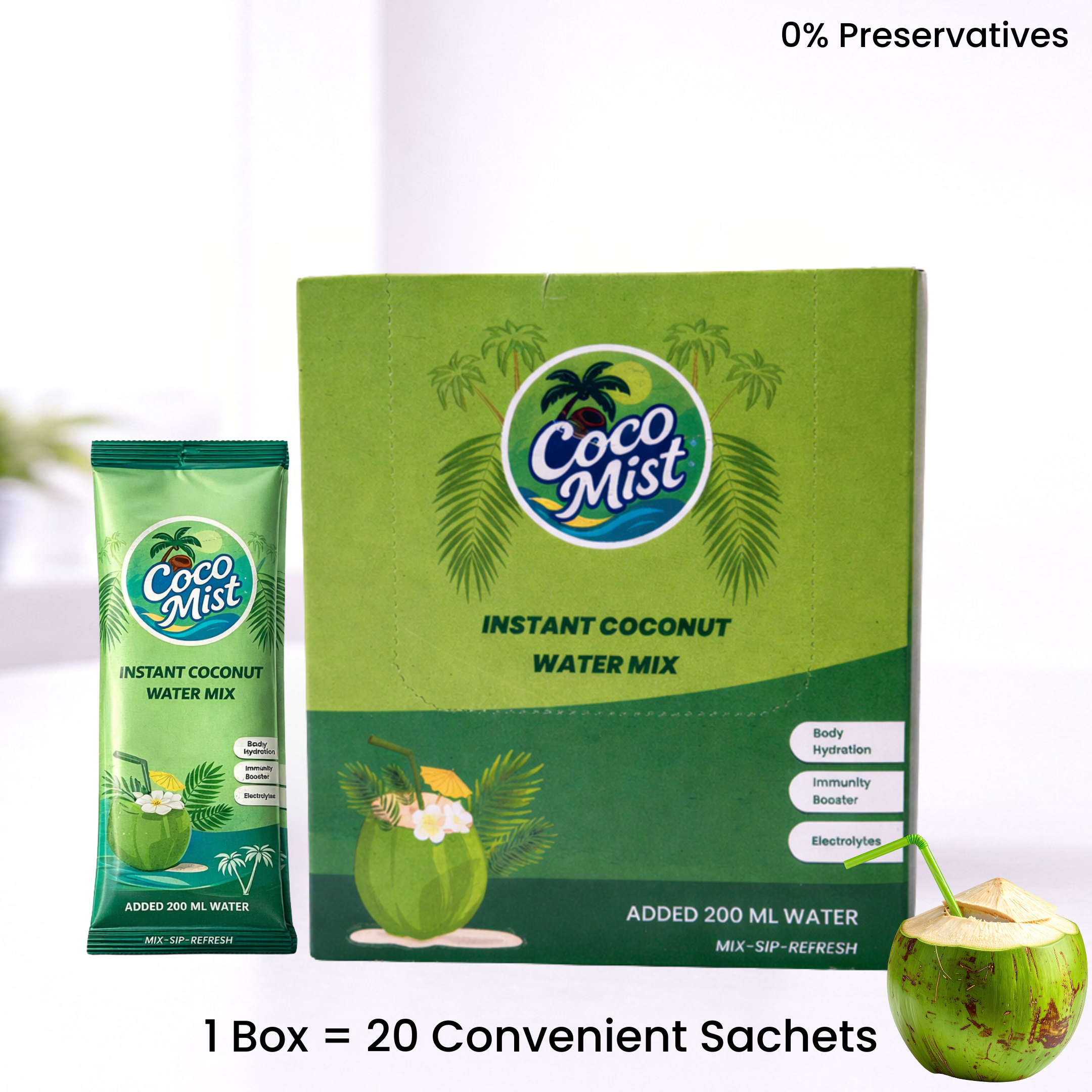 Coco Mist Instant Coconut Water Mix – 100% Natural, 0% Preservatives | Electrolyte-Rich Hydration | 20 Sachets Box