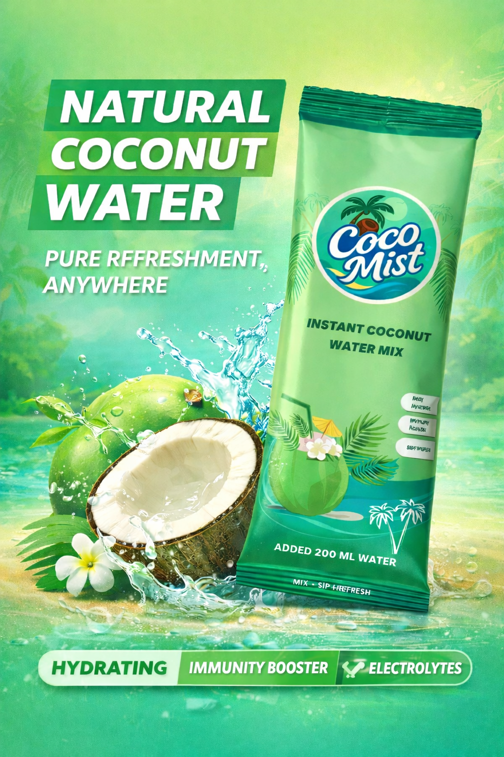 Coco Mist Instant Coconut Water Mix – 100% Natural, 0% Preservatives | Electrolyte-Rich Hydration | 20 Sachets Box