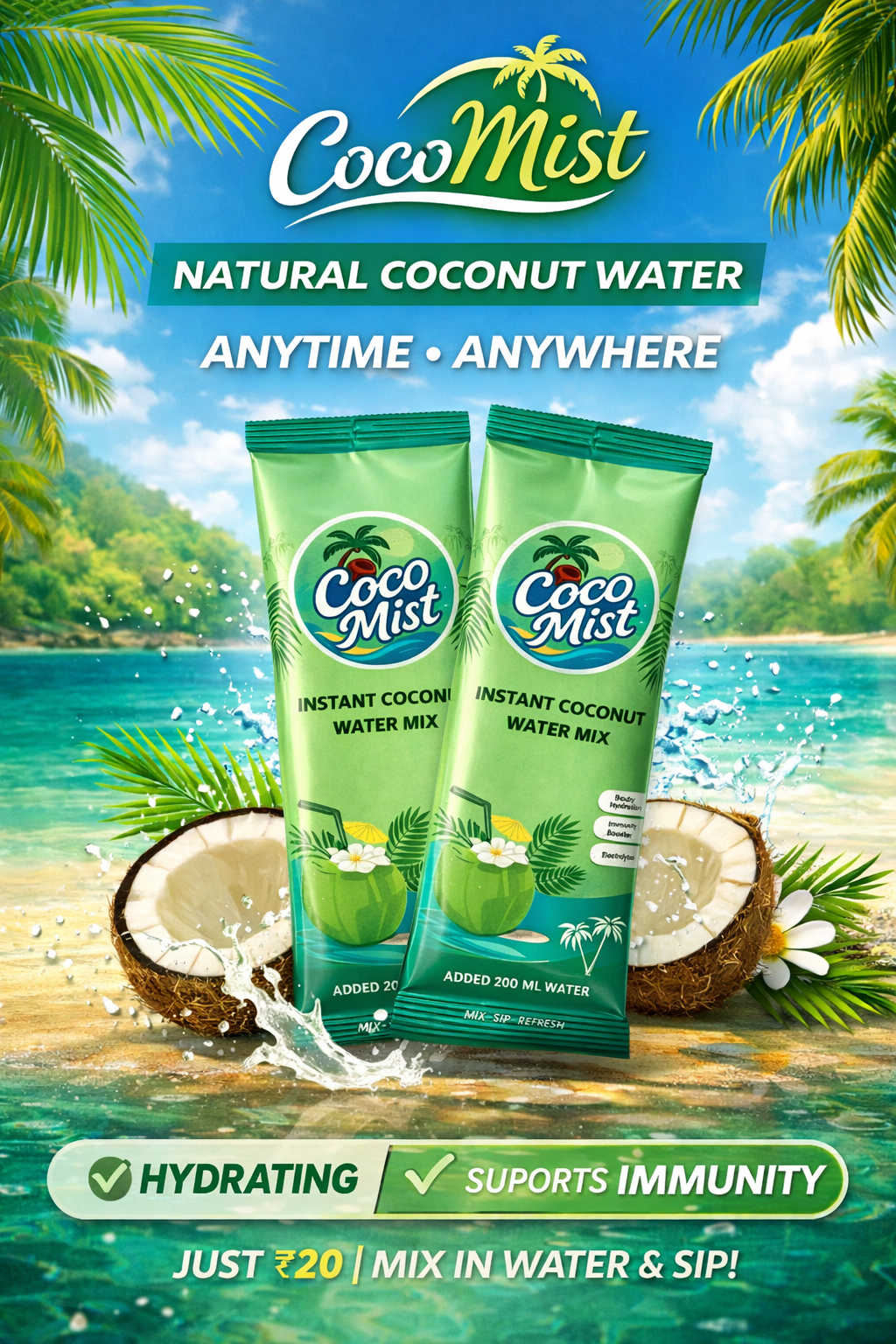 Coco Mist Instant Coconut Water Mix – 100% Natural, 0% Preservatives | Electrolyte-Rich Hydration | 20 Sachets Box
