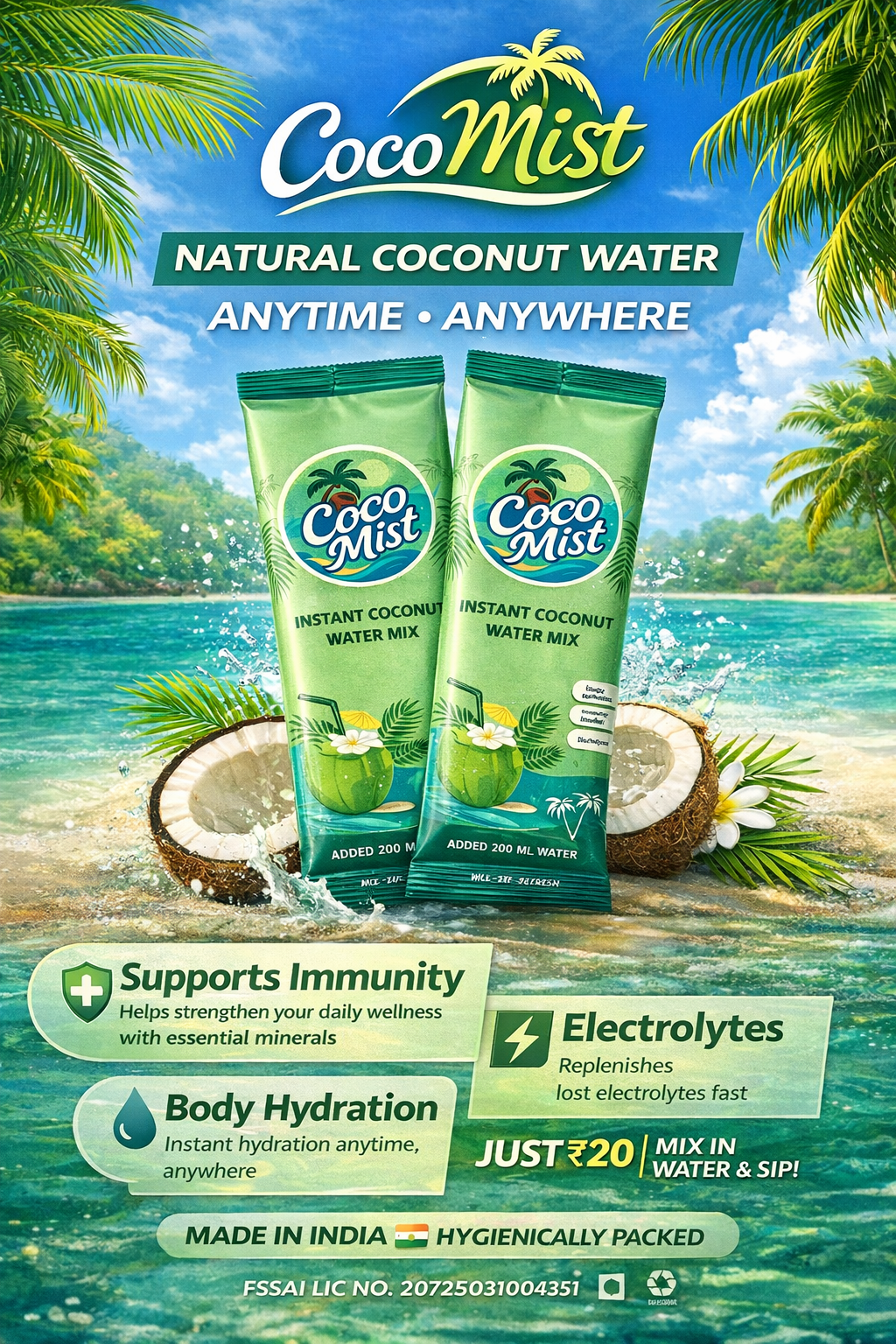 Coco Mist Instant Coconut Water Mix – 100% Natural, 0% Preservatives | Electrolyte-Rich Hydration | 20 Sachets Box
