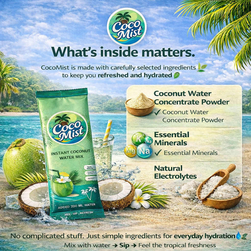 Coco Mist Instant Coconut Water Mix – 100% Natural, 0% Preservatives | Electrolyte-Rich Hydration | 20 Sachets Box
