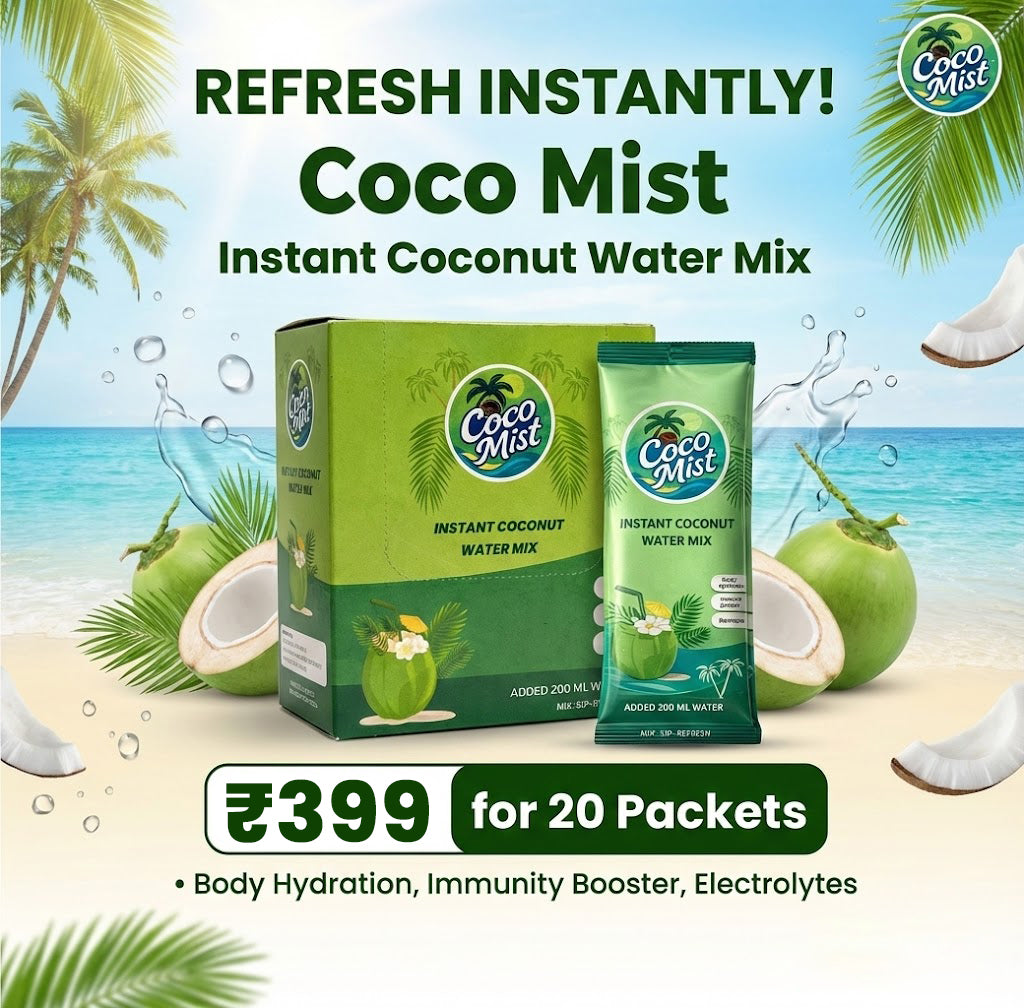 Coco Mist Instant Coconut Water Mix – 100% Natural, 0% Preservatives | Electrolyte-Rich Hydration | 20 Sachets Box